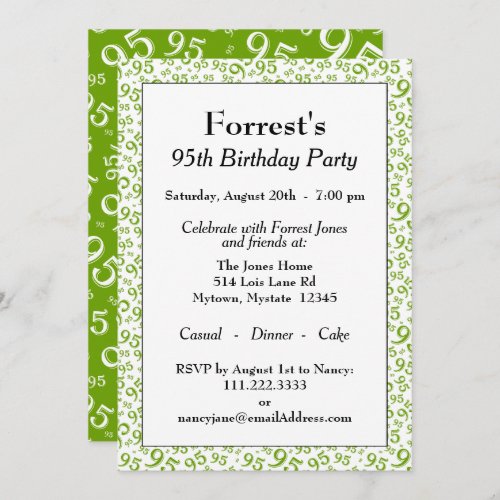95th Birthday Random Number Pattern GreenWhite Invitation