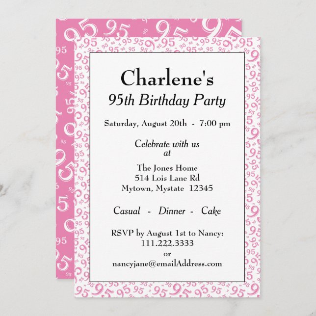 95th Birthday Random Number Pattern Pink/White Invitation (Front/Back)