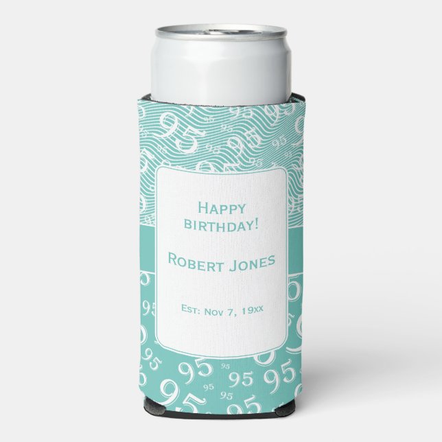95th Birthday Random Number Pattern Teal Seltzer Can Cooler (Seltzer Front)