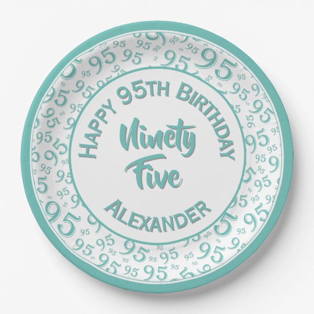 95th Birthday Random Number Pattern Teal/White Paper Plates (Front)