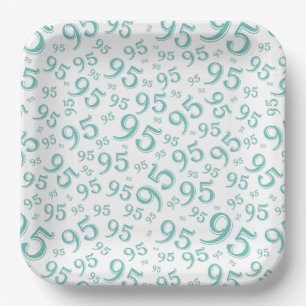 95th Birthday Random Number Pattern Teal/White Paper Plates