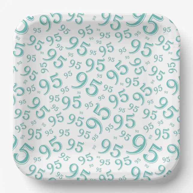 95th Birthday Random Number Pattern Teal/White Paper Plates (Front)