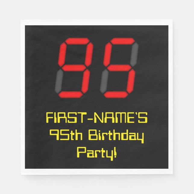 95th Birthday: Red Digital Clock Style "95" + Name Napkins (Front)
