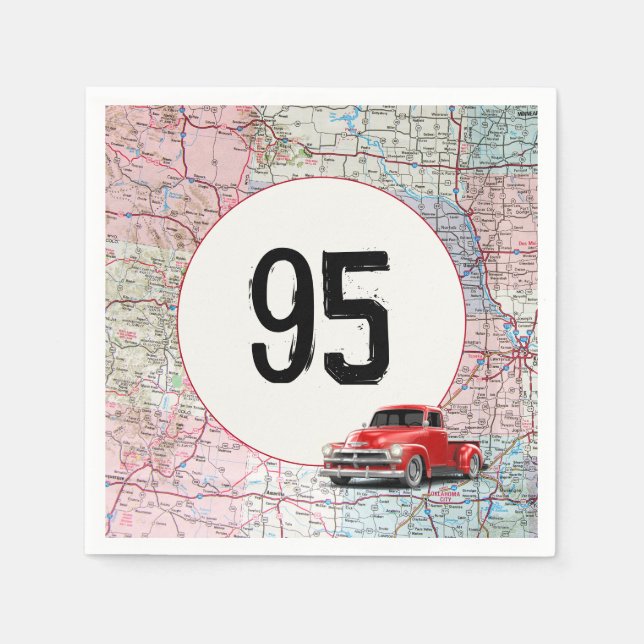 95th Birthday Red Retro Truck on Road Map  Napkins (Front)