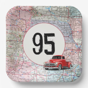 95th Birthday Red Retro Truck on Road Map Paper Plates