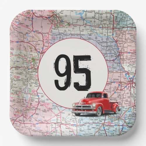 95th Birthday Red Retro Truck on Road Map   Paper Plates