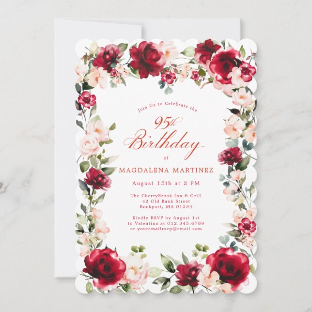 95th Birthday Red Rose Pink Peony Floral Invitation (Front)