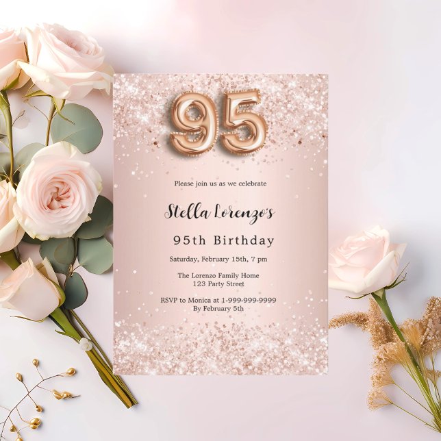95th birthday rose gold pink confetti invitation (Creator Uploaded)