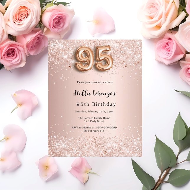 95th birthday rose gold pink confetti invitation (Creator Uploaded)