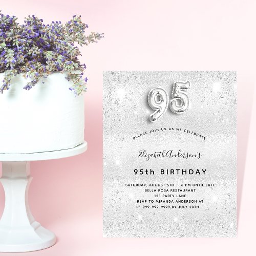 95th birthday silver glitter budget invitation