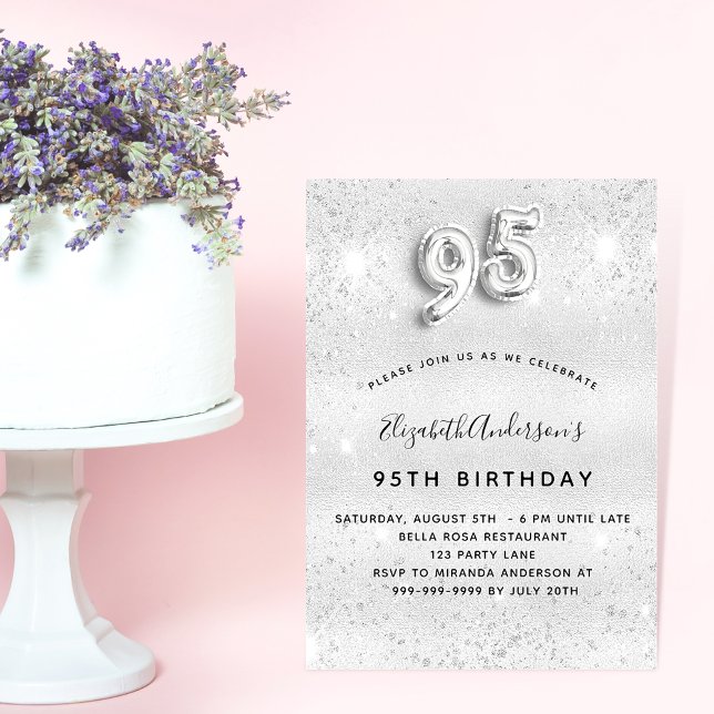 95th birthday silver glitter sparkles invitation (Creator Uploaded)