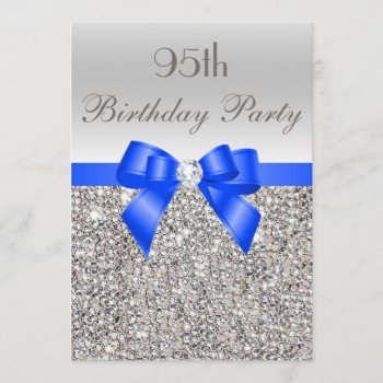 95th Birthday Silver Sequin Royal Blue Bow Diamond Invitation by AJ_Graphics at Zazzle