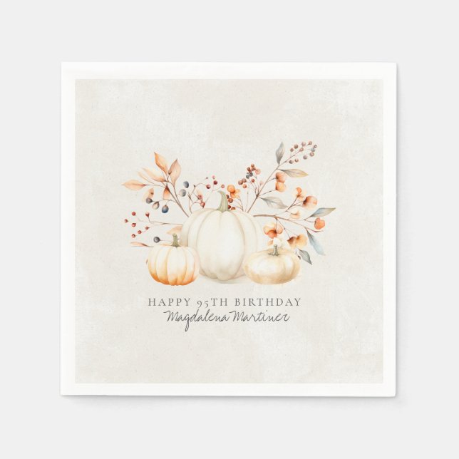 95th Birthday White Pumpkin Fall Leaves Custom Napkins (Front)