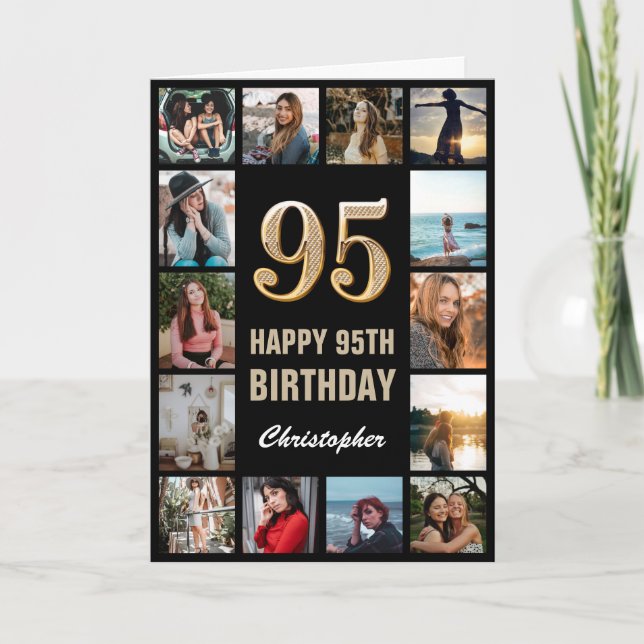 95th Happy Birthday Black and Gold Photo Collage Card (Front)