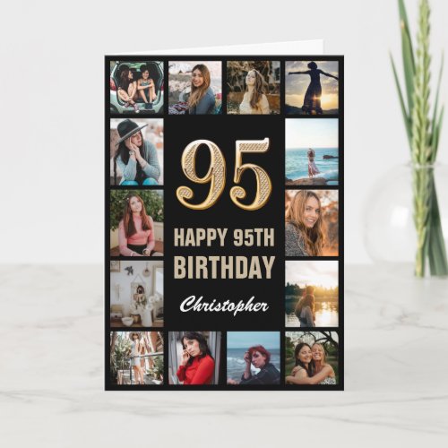 95th Happy Birthday Black and Gold Photo Collage Card