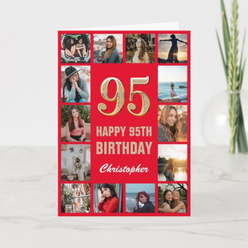 95th Happy Birthday Red and Gold Photo Collage Card