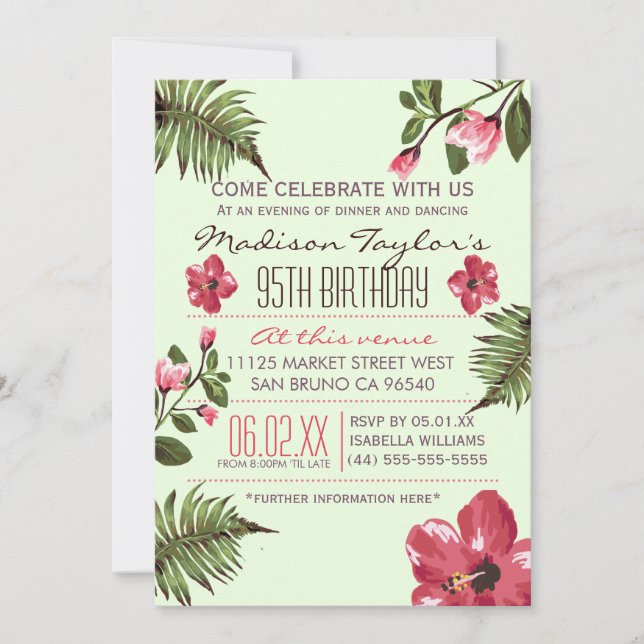 95th Party Exotic Hibiscus & Tropical Palm Leaves Invitation (Front)