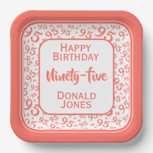 95th Party Random Number Pattern Coral/White Paper Plates