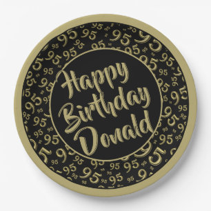 95th Party Random Number Pattern Gold/Black Paper Plates