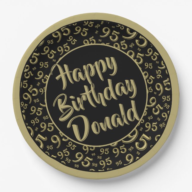 95th Party Random Number Pattern Gold/Black Paper Plates (Front)