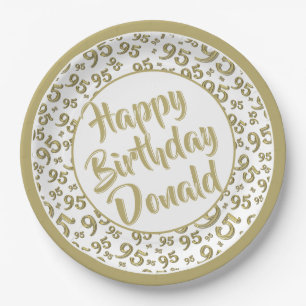 95th Party Random Number Pattern Gold/White Paper Plates