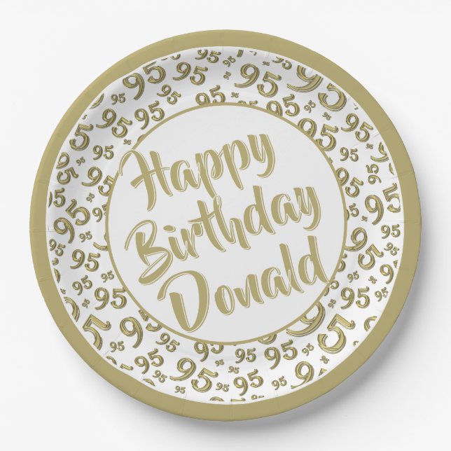 95th Party Random Number Pattern Gold/White Paper Plates (Front)