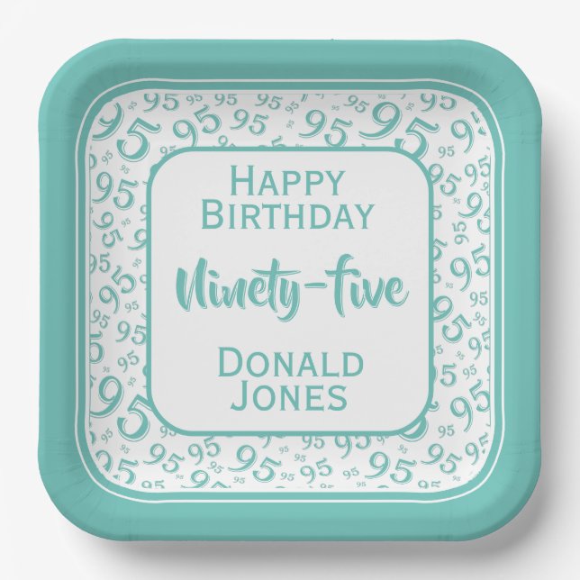 95th Party Random Number Pattern Teal/White Paper Plates (Front)
