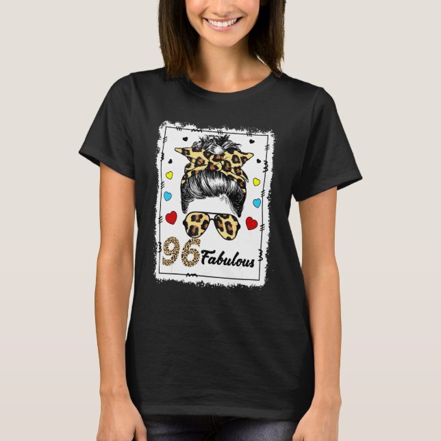 96 Years Old Fabulous Messy Bun Leopard 1926 Birth T-Shirt (Front)