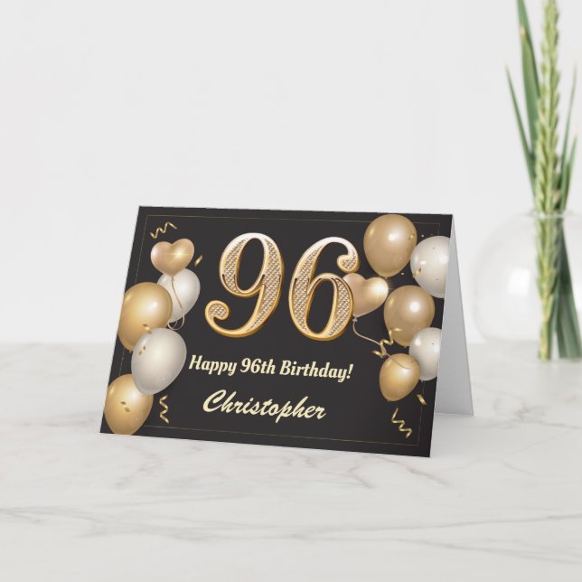 96th Birthday Black and Gold Balloons Birthday Card (Front)