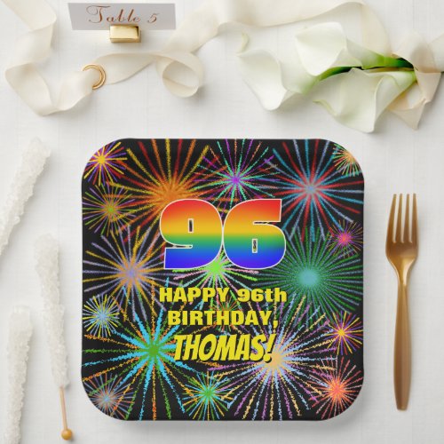 96th Birthday Colorful Fun Celebratory Fireworks Paper Plates