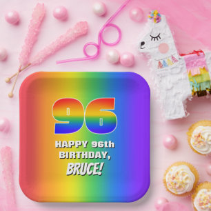 96th Birthday: Colorful, Fun Rainbow Pattern # 96 Paper Plates