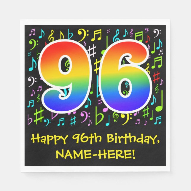 96th Birthday - Colorful Music Symbols, Rainbow 96 Napkins (Front)