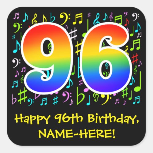 96th Birthday Colorful Music Symbols Rainbow 96 Square Sticker