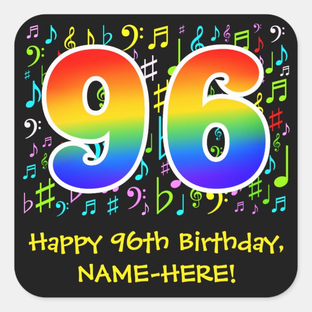 96th Birthday: Colorful Music Symbols, Rainbow 96 Square Sticker (Front)