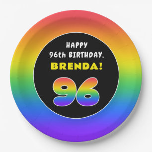 96th Birthday: Colorful Rainbow # 96, Custom Name Paper Plates