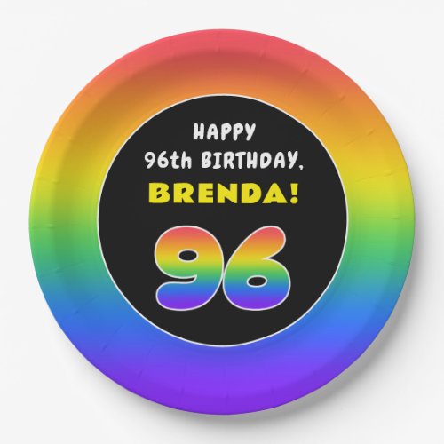 96th Birthday Colorful Rainbow  96 Custom Name Paper Plates