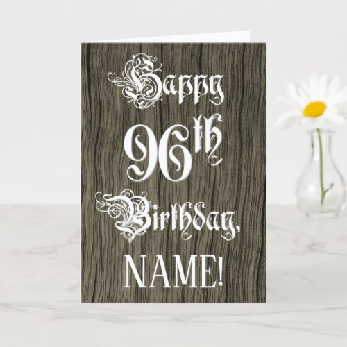 96th Birthday Fancy Elegant Text Faux Wood Look Card