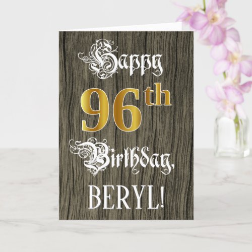 96th Birthday Faux Gold Look  Faux Wood Pattern Card