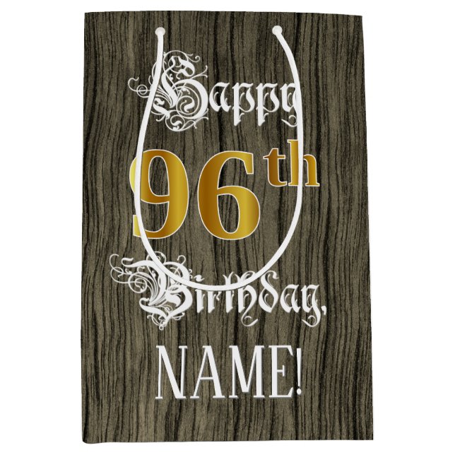 96th Birthday: Faux Gold Look & Faux Wood Pattern Medium Gift Bag (Front)