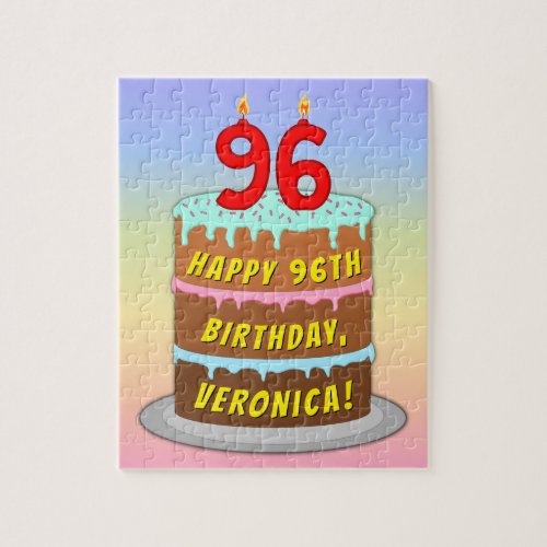 96th Birthday Fun Cake and Candles  Custom Name Jigsaw Puzzle