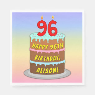 96th Birthday: Fun Cake and Candles + Custom Name Napkins