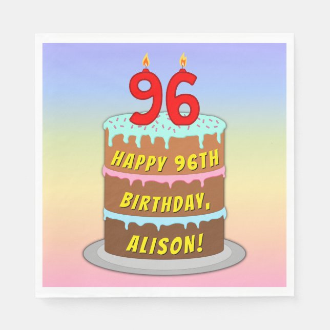 96th Birthday: Fun Cake and Candles + Custom Name Napkins (Front)