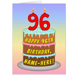 96th Birthday: Fun Cake & Candles, w/ Custom Name Card