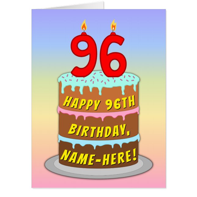 96th Birthday: Fun Cake & Candles, w/ Custom Name Card (Front)
