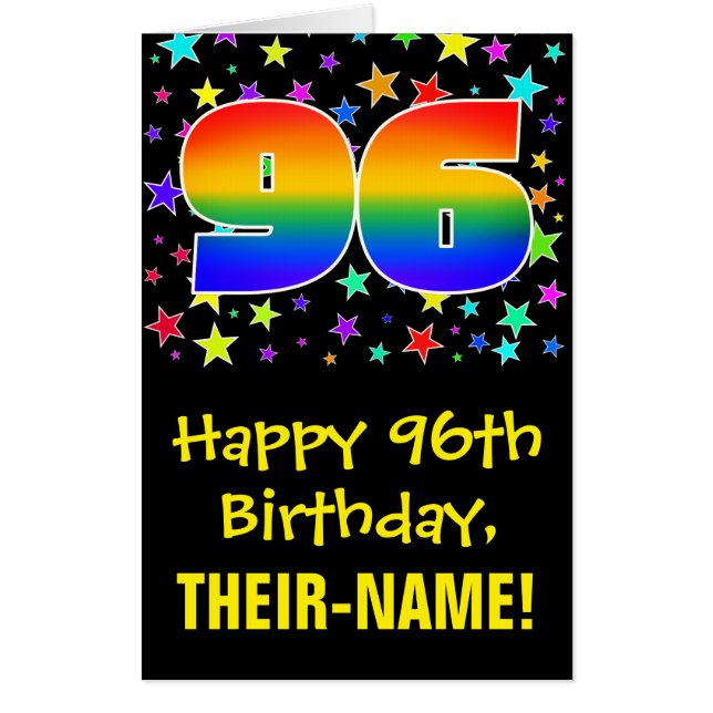 96th Birthday: Fun, Colorful Stars + Rainbow # 96 Card (Front)