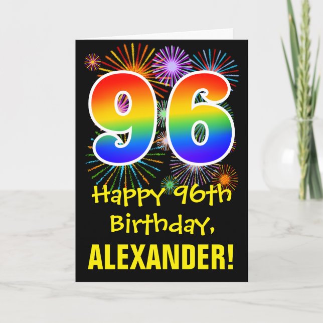 96th Birthday: Fun Fireworks Pattern + Rainbow 96 Card (Front)