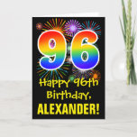 [ Thumbnail: 96th Birthday: Fun Fireworks Pattern + Rainbow 96 Card ]