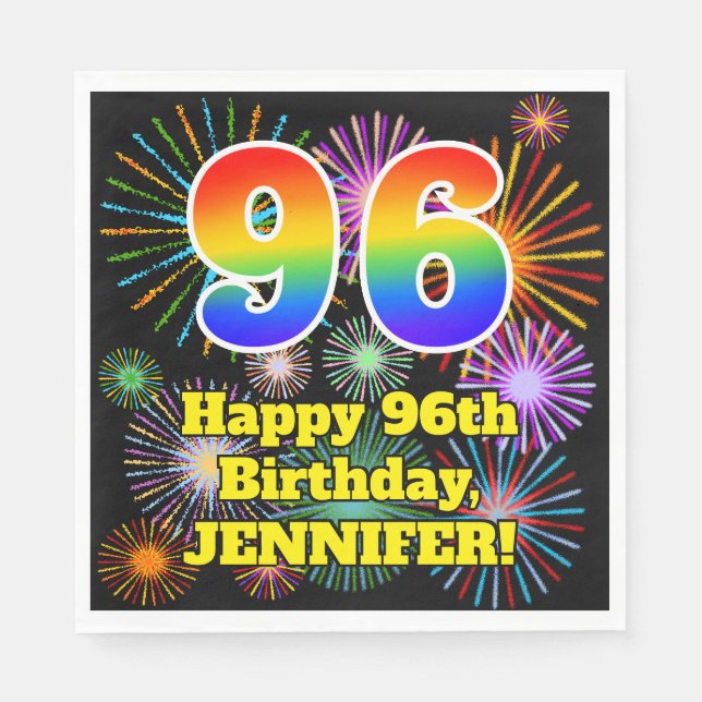 96th Birthday: Fun Fireworks Pattern + Rainbow 96 Napkins (Front)