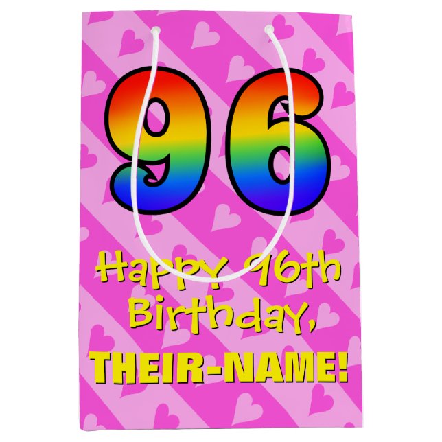 96th Birthday: Fun Pink Hearts Stripes; Rainbow 96 Medium Gift Bag (Front)