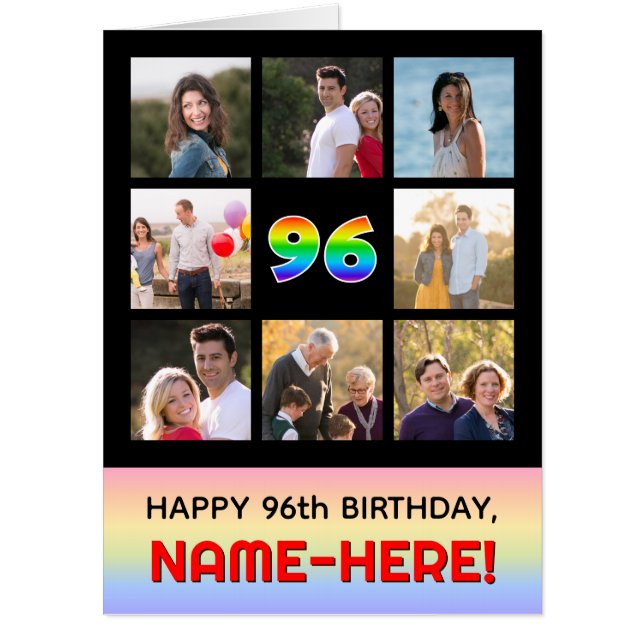 96th Birthday: Fun Rainbow #, Custom Photos & Name Card (Front)